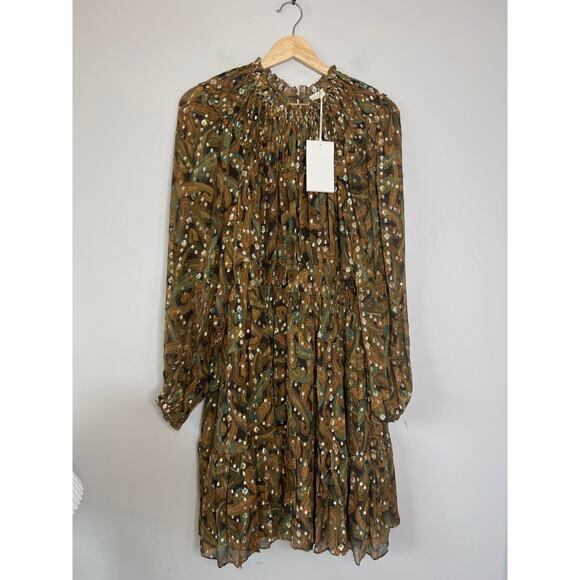 NWT Ulla Johnson Elisa Elastic Cuff Chiffon Pull-On Mini Dress Tiger's Eye - Picture 2 of 8